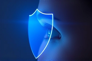 Symbolic shield of light protecting an eye from blue light rays, representing digital eye strain defense.